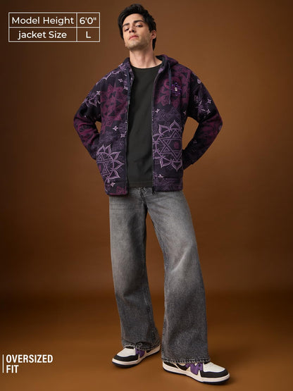 Men's Oversized Mandala Art Jacket - Full Sleeves Hooded Neck Dark Purple Embroidered Ethnic Print Polar Fleece Oversized Fit Lightweight Casual Jacket