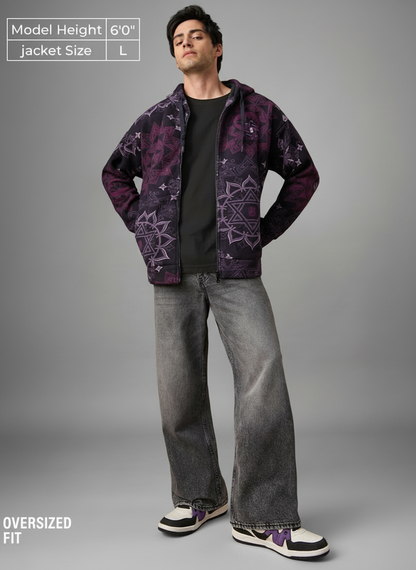 Men's Oversized Mandala Art Jacket - Full Sleeves Hooded Neck Dark Purple Embroidered Ethnic Print Polar Fleece Oversized Fit Lightweight Casual Jacket
