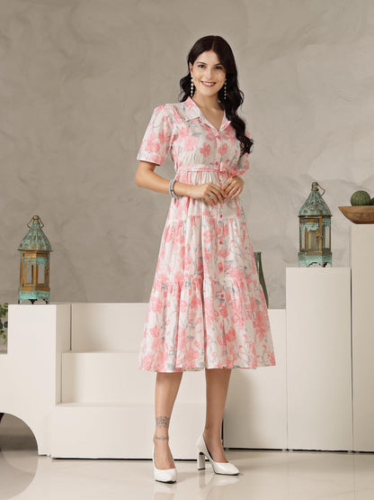 Stylum Women's Pestal Pink Floral Printed Cotton Flared Dress (DRSPINKKINNU_Baby Pink) (in, Alpha, M, Regular)
