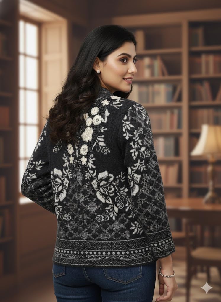 Women's Woolen Round Neck Black Cardigan Sweater - Stylish Pure Wool Winter Wear