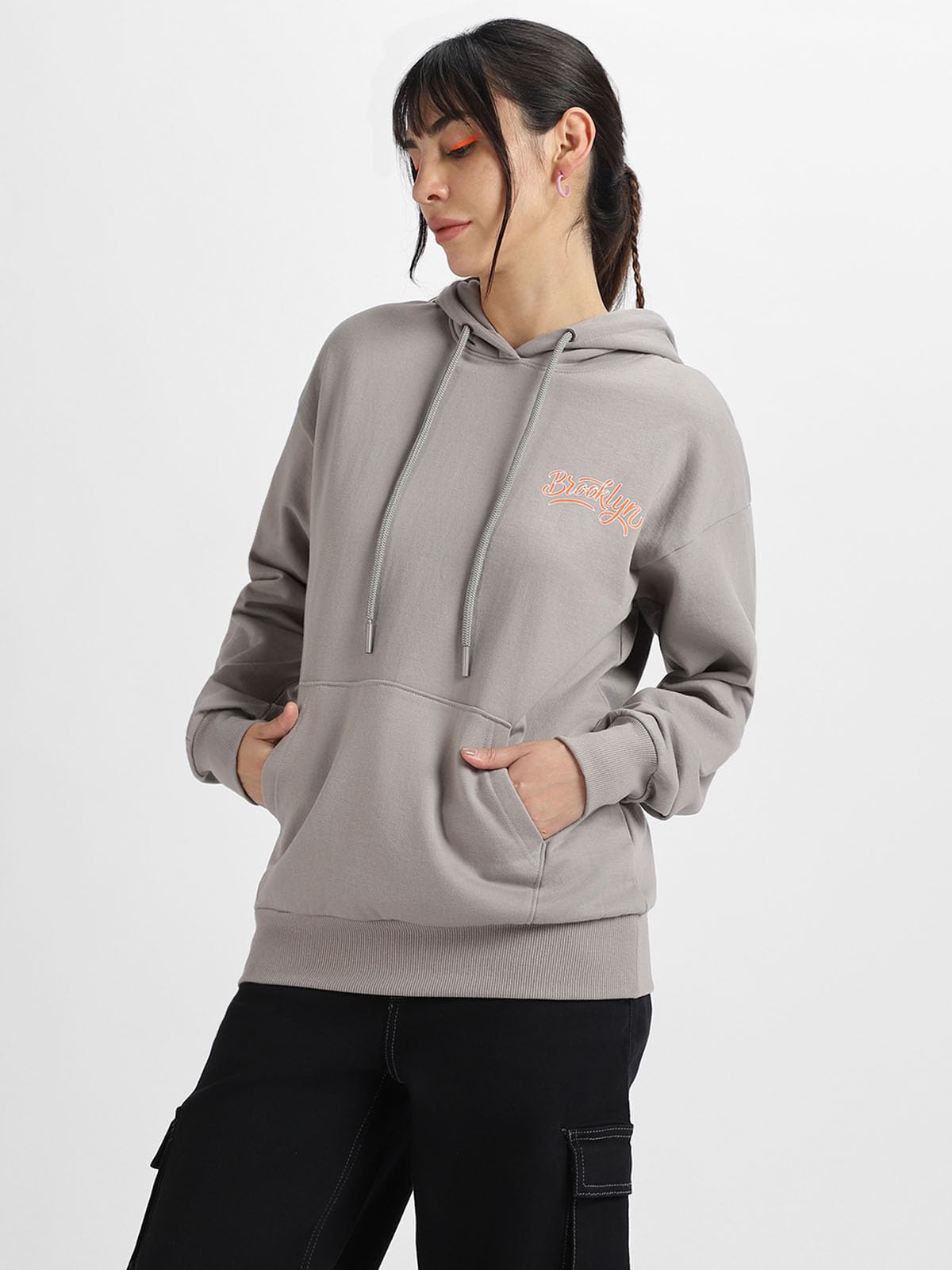 JUNEBERRY® Cotton Polly Fleece Oversized Fit Grey Graphic Hoodie for Women