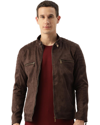 Men's Coffee Brown Suede Leather Standard Length Jacket - Stylish Casual Winterwear