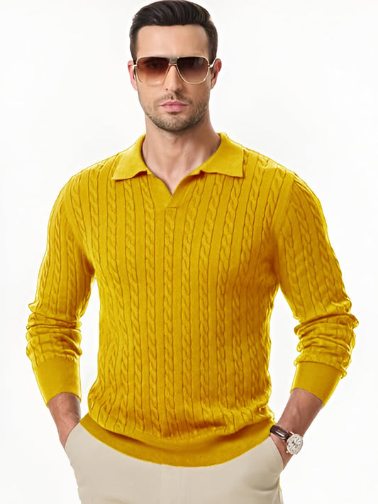 Men's Full Sleeve Cable Knitted Woolen Polo Collar Mustard Sweater - Casual Stylish Polo Sweater