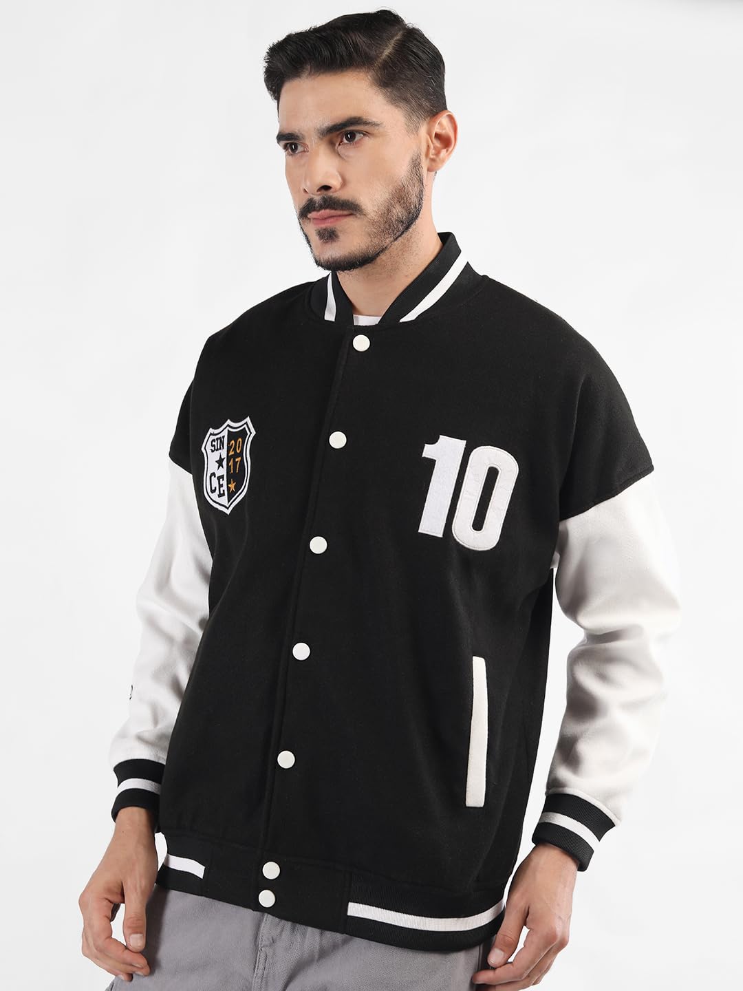 Men’s Oversized Varsity Jacket with Snap Button Closure and Patch Design Trendy Comfortable Outerwear for College Travel and Casual Wear Black & White
