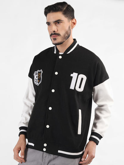 Men’s Oversized Varsity Jacket with Snap Button Closure and Patch Design Trendy Comfortable Outerwear for College Travel and Casual Wear Black & White