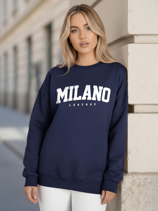 Women's Loop Knit Round Neck Loose Fit Full Sleeve Navy Sweatshirt