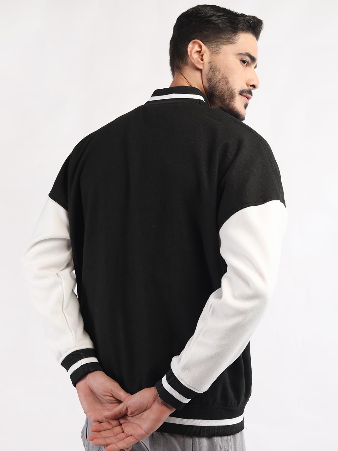 Men’s Oversized Varsity Jacket with Snap Button Closure and Patch Design Trendy Comfortable Outerwear for College Travel and Casual Wear Black & White