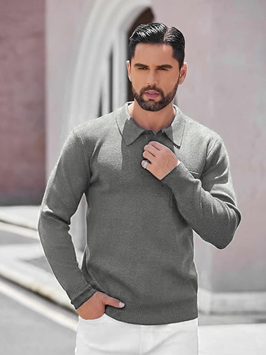 Men's Long Sleeve Polo Sweater Knit Polo Casual Heavyweight Thermal Pullover Sweater with Pocket