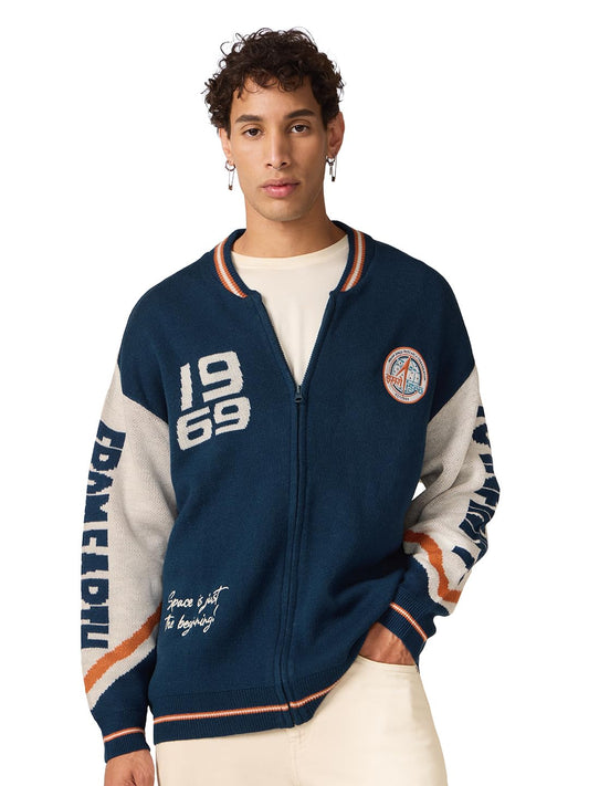 Men's Oversized Royal Blue Pullovers Full Zip Varsity Jacket Style Sweatshirt - Official ISRO to Infinity