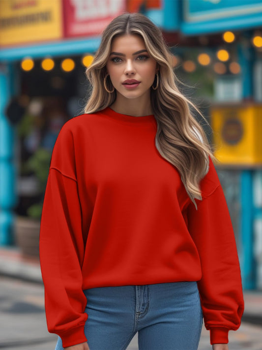 Women's Round Neck Full Sleeve Boyfriend Fit Loopknit Red Sweatshirt - Winter Wear for Urban Look