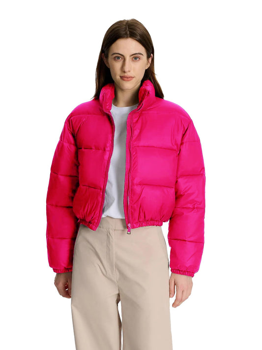 Women’s Full-Sleeve Hot Pink Solid Puffer Jacket with Quilted Insulation | Warm, Stylish Winter Outerwear