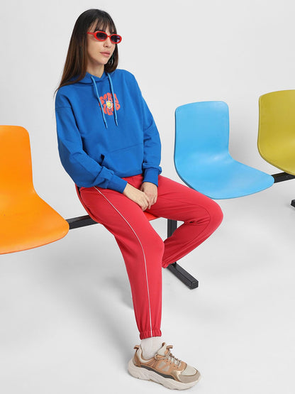 JUNEBERRY® Cotton Polly Fleece Oversized Fit Blue Graphic Hoodie for Women