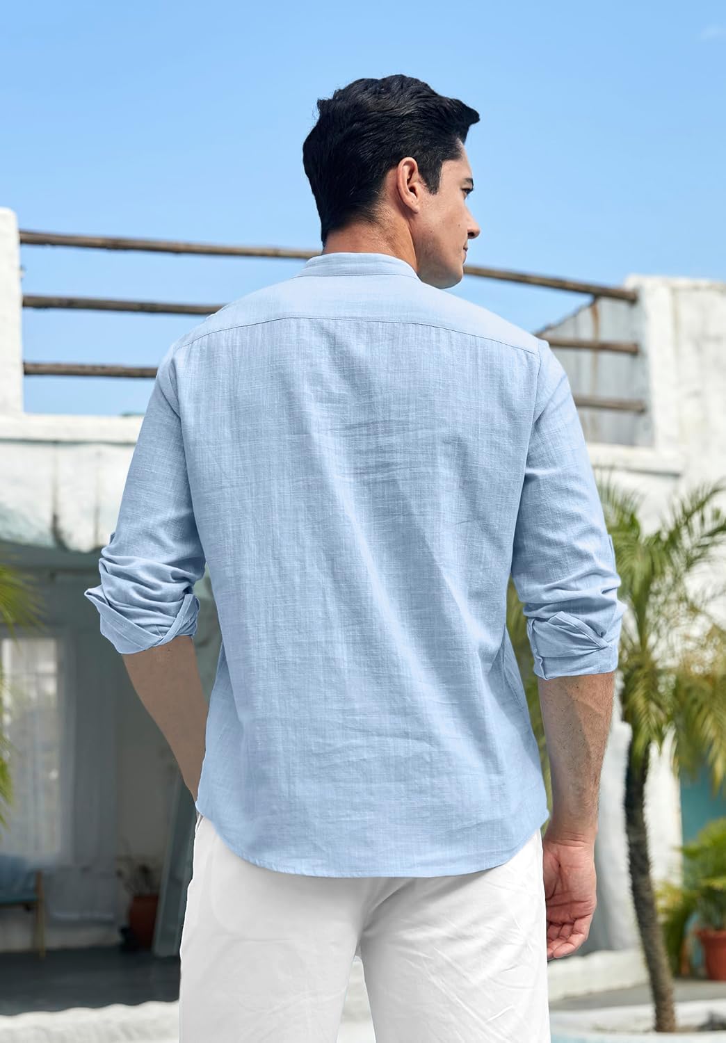 Zombom Cotton Blend Solid Casual Regular Fit Mandarin/Chinese Collor Short Kurta for Men Sky Blue