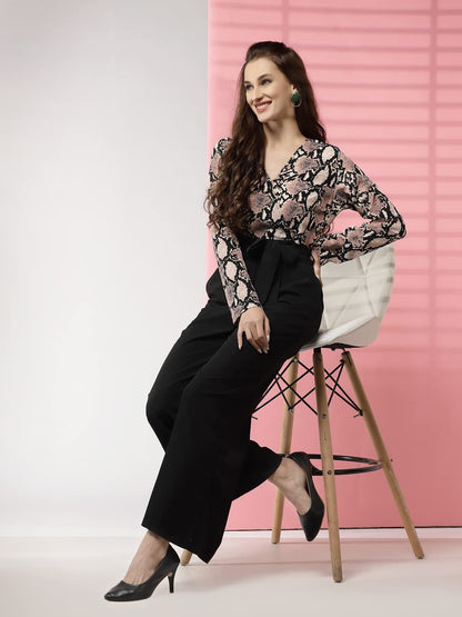 LONDON BELLY Women dress | jumpsuit | jumpsuits for women stylish | snake print V-neckline maxi jumpsuit black long sleeve top high-waisted pants stylish comfortable casual formal elegant outfit
