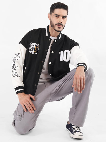 Men’s Oversized Varsity Jacket with Snap Button Closure and Patch Design Trendy Comfortable Outerwear for College Travel and Casual Wear Black & White