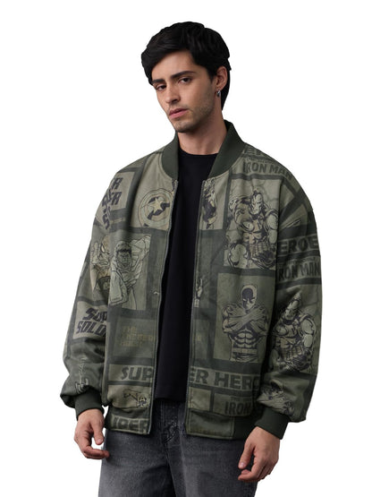 Men's Marvel Heroes Full Sleeves Round Neck Dark Green Graphic Printed Polyester Regular Fit Lightweight Reversible Bomber Jacket