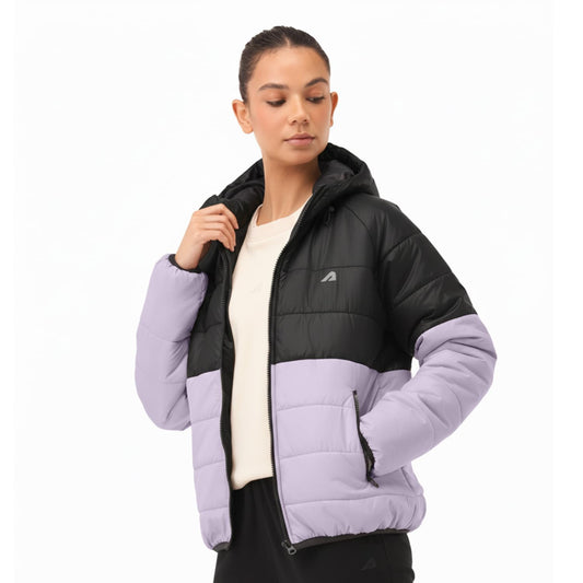 Women’s Black Purple Hooded Puffer Jacket | Lightweight Insulated Winter Casual Outerwear