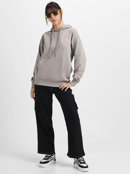 JUNEBERRY® Cotton Polly Fleece Oversized Fit Grey Graphic Hoodie for Women