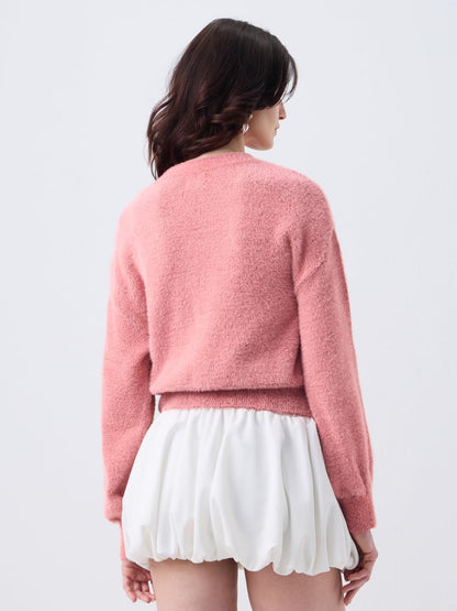 Women Full Sleeves Round Neck Light Pink Graphic Printed Acrylic Nylon Oversized Fit Fuzzy Casual Winter Pullover Sweater