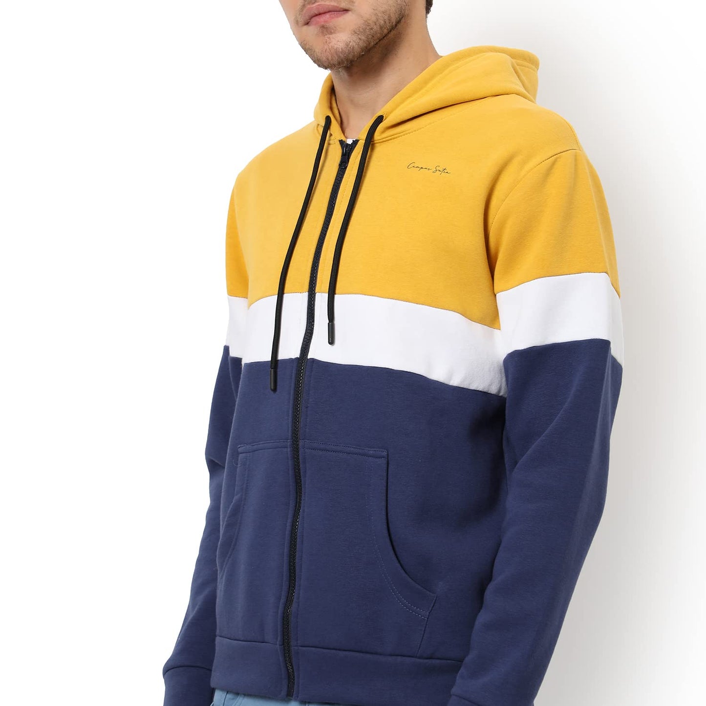 Men's Yellow & Blue Colour Blocked Regular Fit Full Zipper Sweatshirt with Hoodie for Winter Wear | Full Sleeve | Cotton Sweatshirt | Casual Sweatshirt for Men | Stylish Sweatshirt for Man