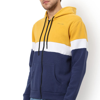 Men's Yellow & Blue Colour Blocked Regular Fit Full Zipper Sweatshirt with Hoodie for Winter Wear | Full Sleeve | Cotton Sweatshirt | Casual Sweatshirt for Men | Stylish Sweatshirt for Man