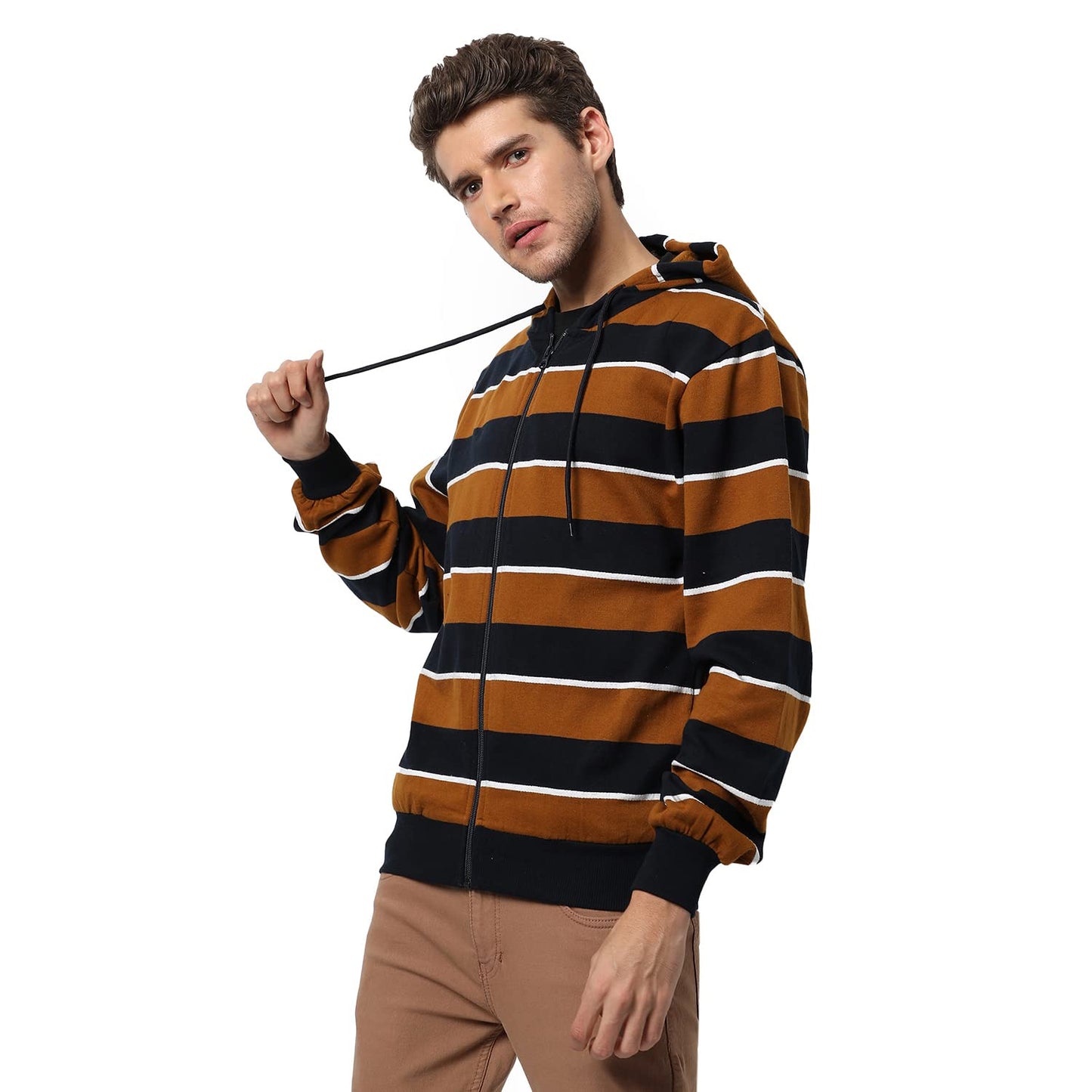 Men's Brown & Black Striped Regular Fit Full Zip Color Blocked Hooded Sweatshirt - Casual Sweatshirt for Men