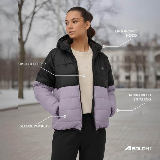 Women’s Black Purple Hooded Puffer Jacket | Lightweight Insulated Winter Casual Outerwear