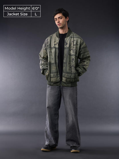 Men's Marvel Heroes Full Sleeves Round Neck Dark Green Graphic Printed Polyester Regular Fit Lightweight Reversible Bomber Jacket