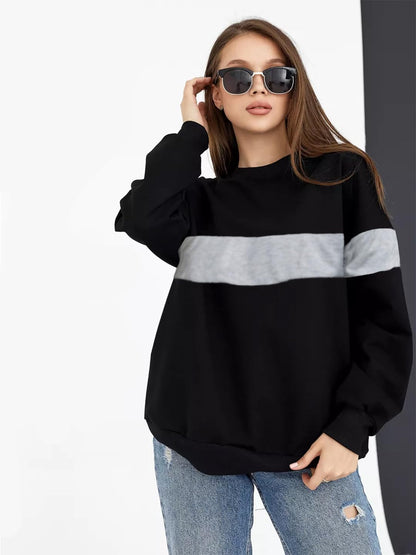 Women's Loose Fit Full Sleeve Round Neck Loop Knit Oversized Black Sweatshirt