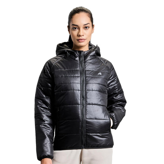 Women’s Full-Sleeve Black Hooded Puffer Jacket | Insulated Winter & Monsoon Wear Jacket