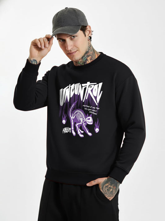 Men’s Regular Fit Crew Neck Cotton Graphic Printed Black Sweatshirt - Stylish Casual Winter Wear