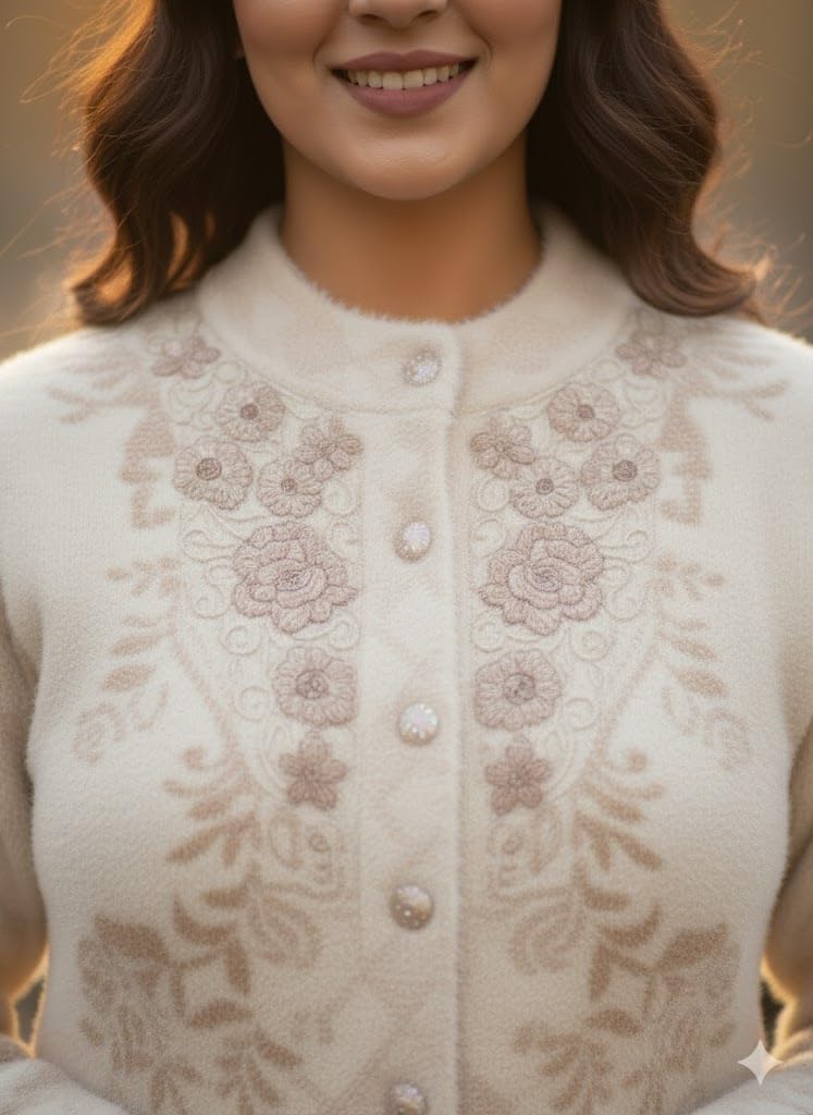 Women's Woolen Round Neck White Cardigan Sweater - Stylish Pure Wool