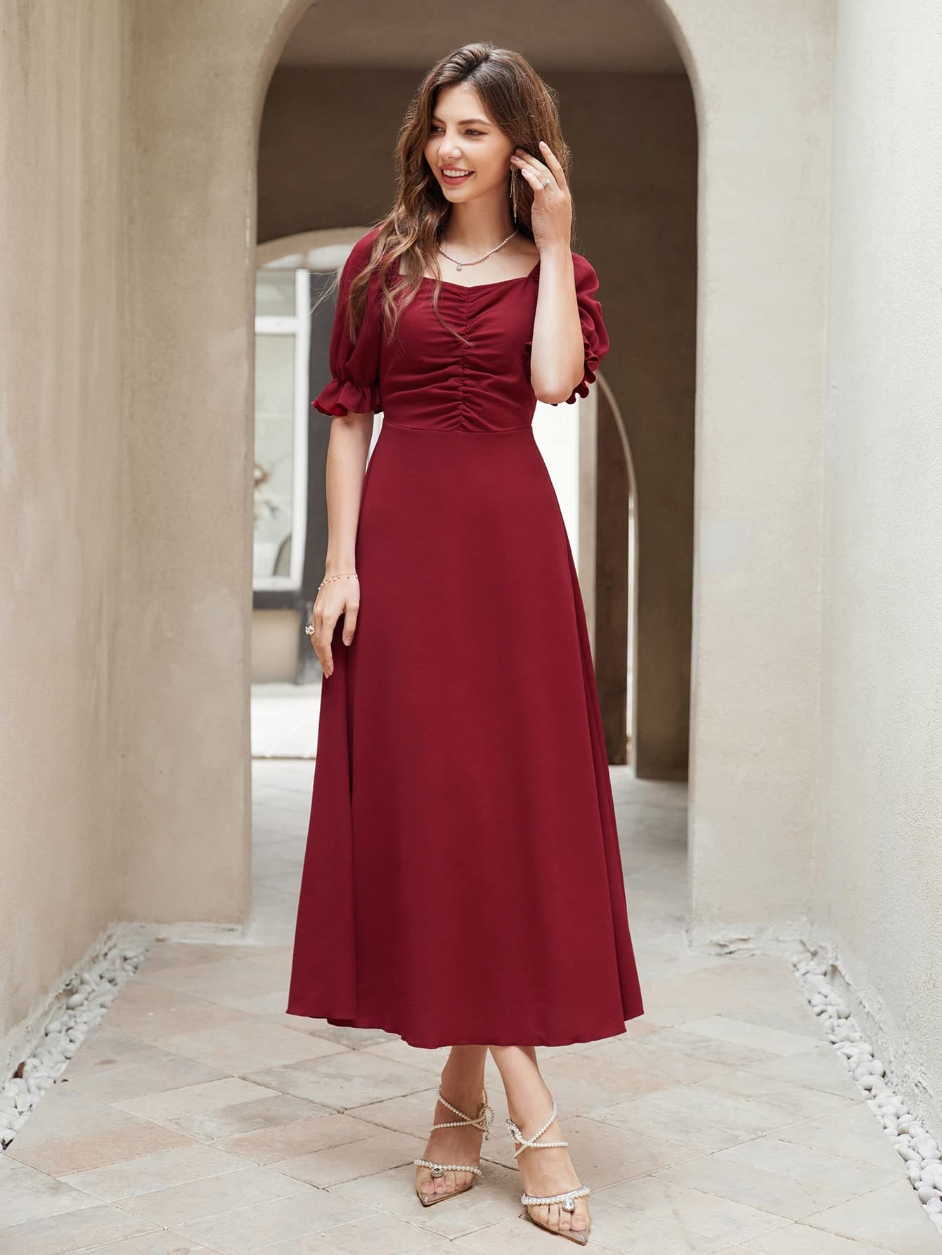 Shasmi Girl's & Women's Solid Maroon A-Line Ruched Puff Sleeve Maxi Long Evening One Piece Long Dress for Women Stylish (Dress 131 Maroon-M)
