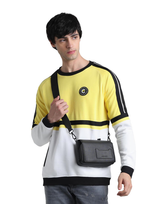 Men's Colour Blocked Cotton Blend Regular Fit Yellow Crew Neck Sweatshirt - Gen Z Style Casual Winter Wear