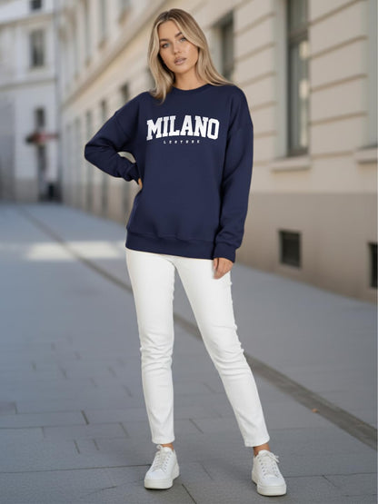 Women's Loop Knit Round Neck Loose Fit Full Sleeve Navy Sweatshirt