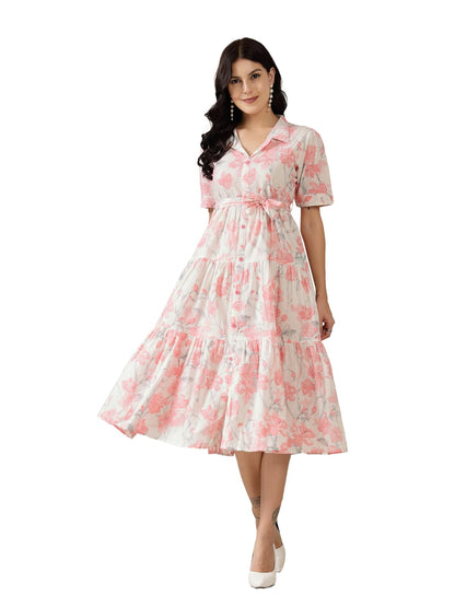 Stylum Women's Pestal Pink Floral Printed Cotton Flared Dress (DRSPINKKINNU_Baby Pink) (in, Alpha, M, Regular)