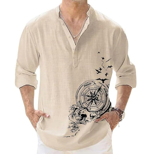 DEELMO Men's Cotton Blend Mandarin Collar Regular Fit Full Sleeve Casual Short Kurta, Beige