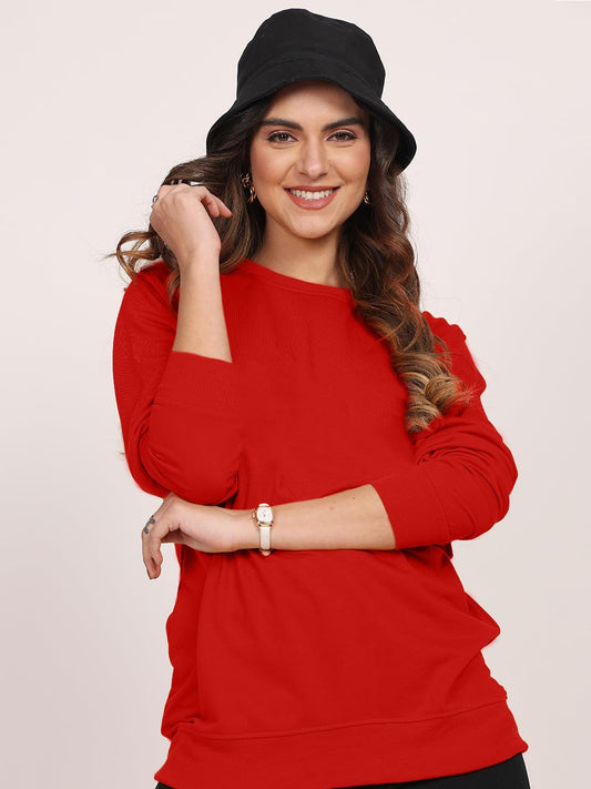 Women's Round Neck Full Sleeve Boyfriend Fit Loopknit Red Sweatshirt - Winter Wear for Urban Look