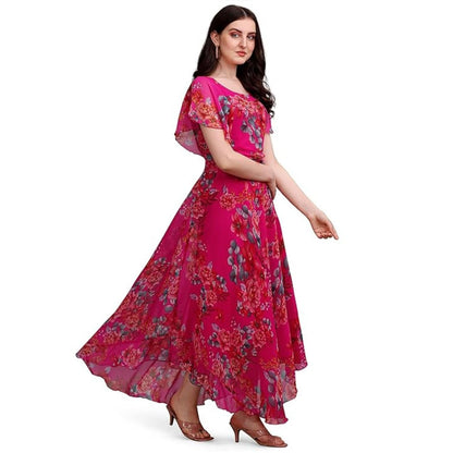 Fashion2wear Women's Georgette Flower Digital Printed Casual Full Length Stylish Dress (Pink)