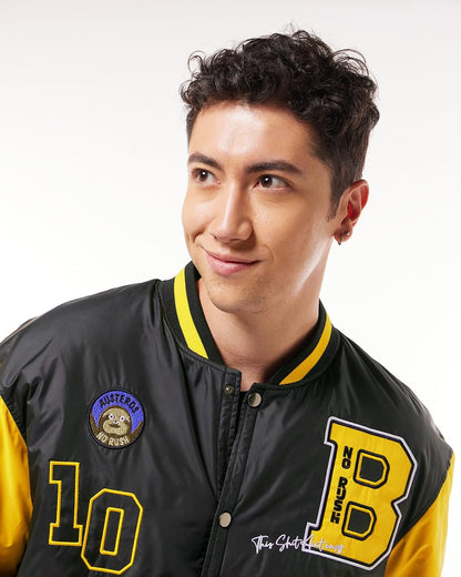 Men's Color Block Black Stand Collar Neck Long Sleeve Oversized Fit Varsity Jacket