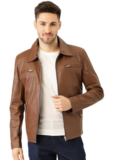 Men's Faux Leather Brown Solid Casual Jacket - Stylish Winter Jacket