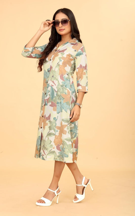 KESUDI A Line Dresses for Women Western Rayon Floral One Piece Dress for Women | Stylish Flared Roll Tab Sleeve | Knee Length Midi Maxi Dress | Wear as Beach, Party Light Green