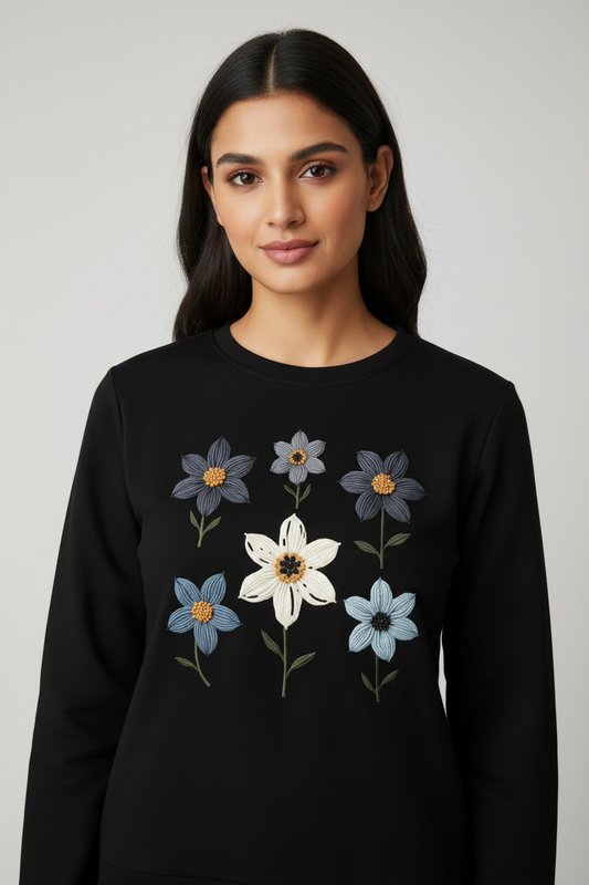 Women's Comfort Fit Printed Black Sweatshirt - Stylish Casual Winter Wear