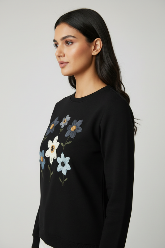 Women's Comfort Fit Printed Black Sweatshirt - Stylish Casual Winter Wear