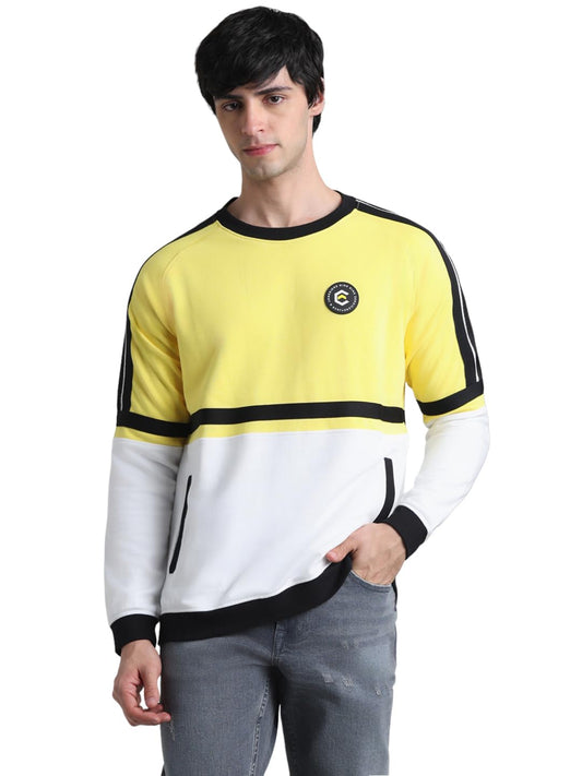 Men's Colour Blocked Cotton Blend Regular Fit Yellow Crew Neck Sweatshirt - Gen Z Style Casual Winter Wear