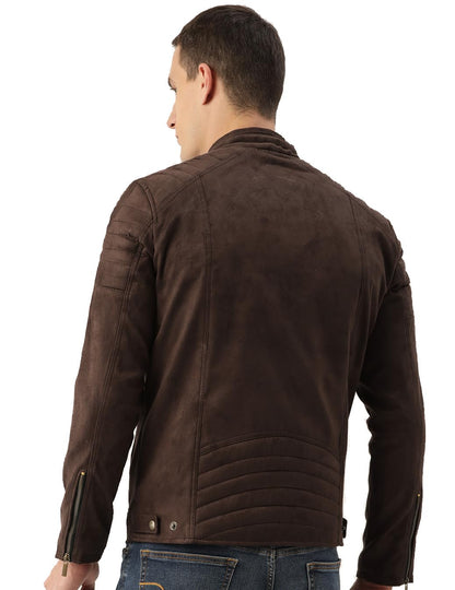 Men's Coffee Brown Suede Leather Standard Length Jacket - Stylish Casual Winterwear