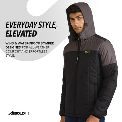 Men's Bomber Quilted Hooded Black Grey Winter Jackets | Full Sleeve Men's Jacket | Monsoon Jackets for Men | Men's Jerkin | Padded Winter Jacket for Men