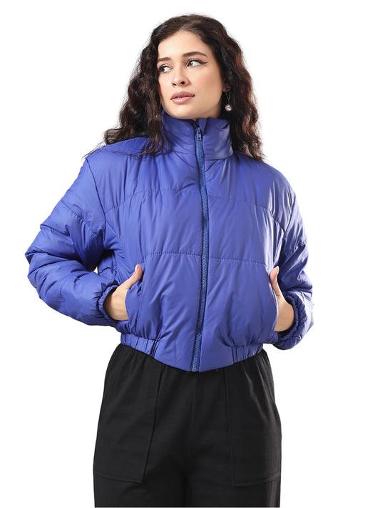 Women’s Full-Sleeve Blue Solid Puffer Jacket with Quilted Insulation | Lightweight, Windproof Winter Outerwear