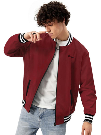 Men's Maroon Cotton Zippered Varsity Sweatshirt Jacket - Stylish Casual Streetstyle Winterwear
