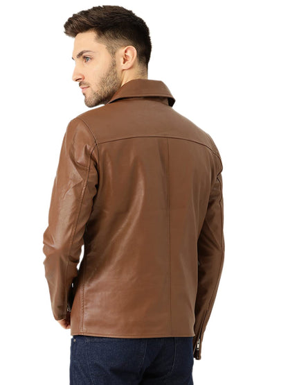 Men's Faux Leather Brown Solid Casual Jacket - Stylish Winter Jacket